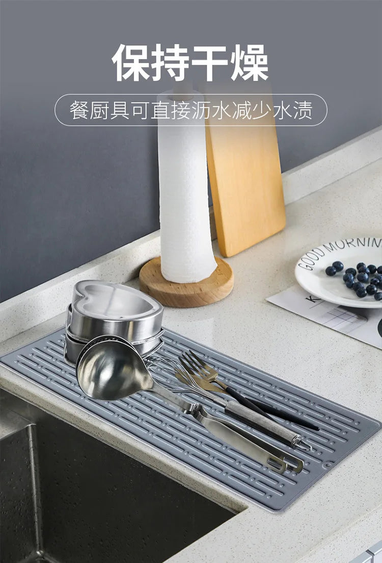 Foldable Dish Drying Mat Drainer Mat Silicone Heat Insulation Placemat Kitchen Sink Mat Anti Slip Pad Coaster Dish Draining Tool