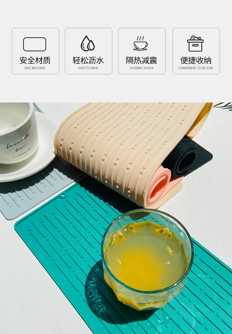 Foldable Dish Drying Mat Drainer Mat Silicone Heat Insulation Placemat Kitchen Sink Mat Anti Slip Pad Coaster Dish Draining Tool