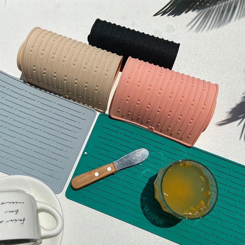 Foldable Dish Drying Mat Drainer Mat Silicone Heat Insulation Placemat Kitchen Sink Mat Anti Slip Pad Coaster Dish Draining Tool